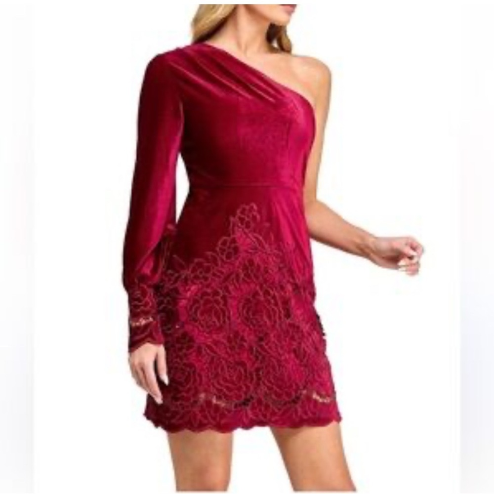 Layered With‎ Love Red Velvet One-Shoulder Lace Crochet Mini Dress Chic Elegant